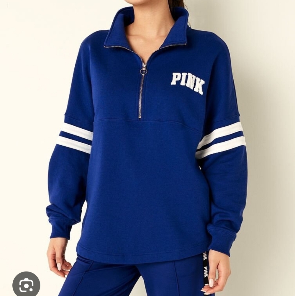 PINK ♡ oversized fleece pocket varsity sweater blue large victorias secret